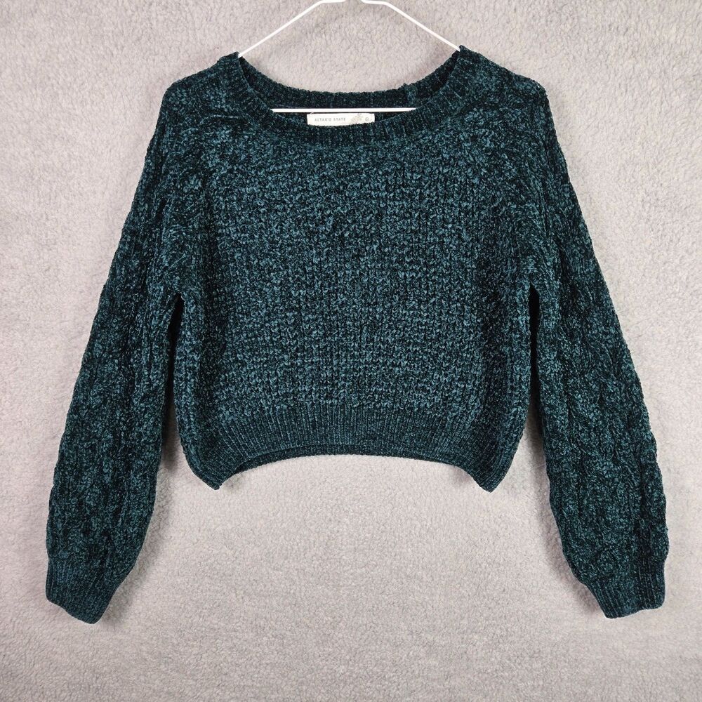 Altar'd State Sweater Womens S Green Crew Neck Long Sleeve Cropped